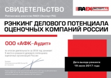 9 место Рэнкинг делового потенциала оценочных организаций России(Эксперт РА)