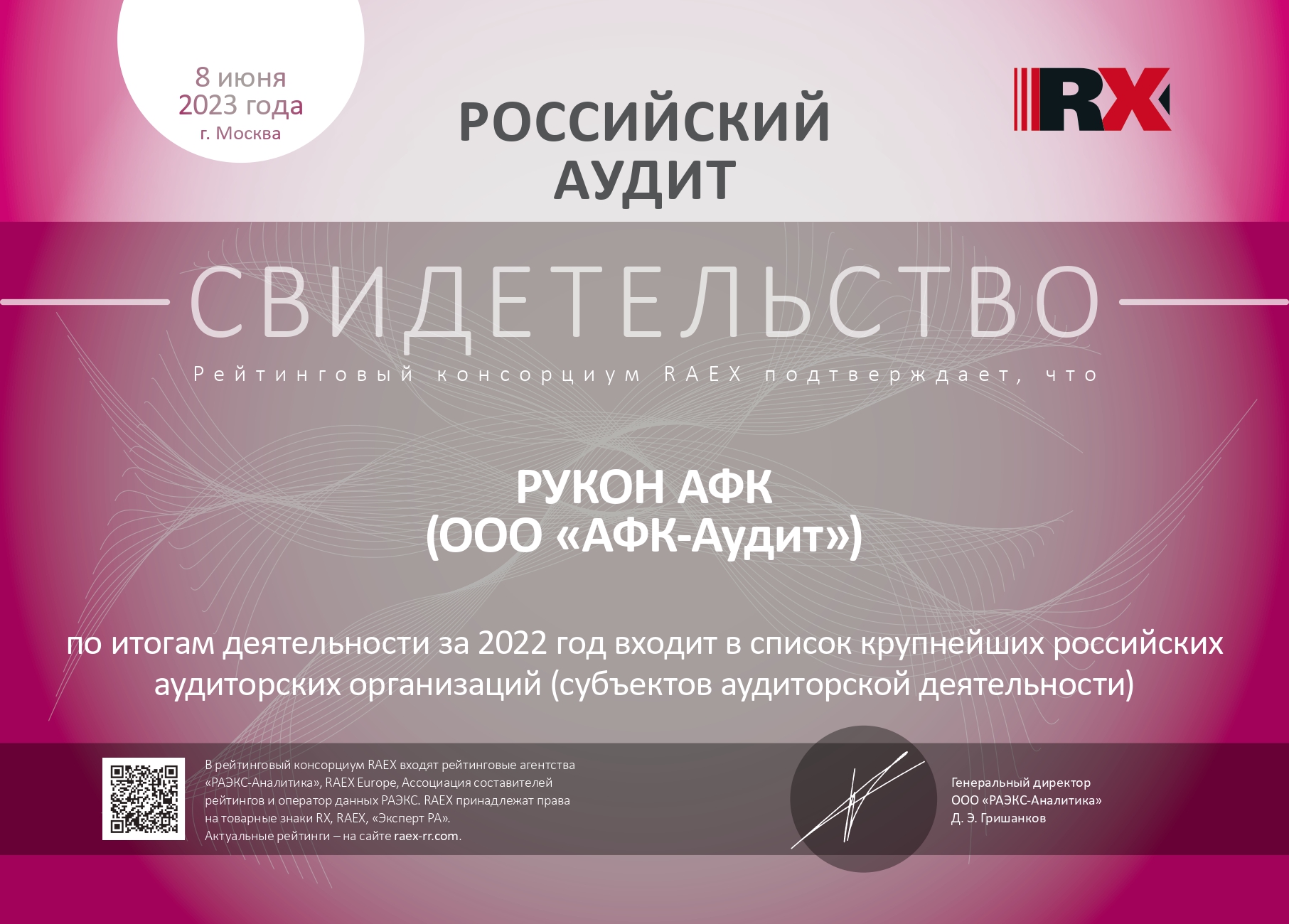 16 место в рэнкинге в списке крупнейших аудиторских организаций России по итогам 2022 года (по версии РАЭКС-Аналитика)